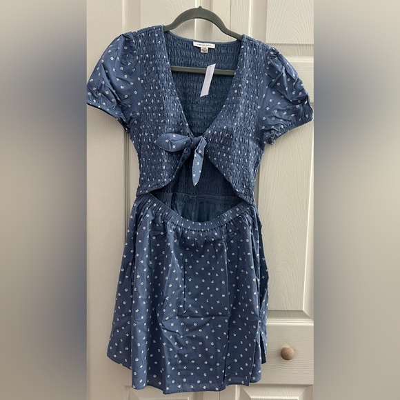 NWT American Eagle Blue and White Daisy Floral Tie Front Smocked Dress Sz Large - Picture 3 of 9